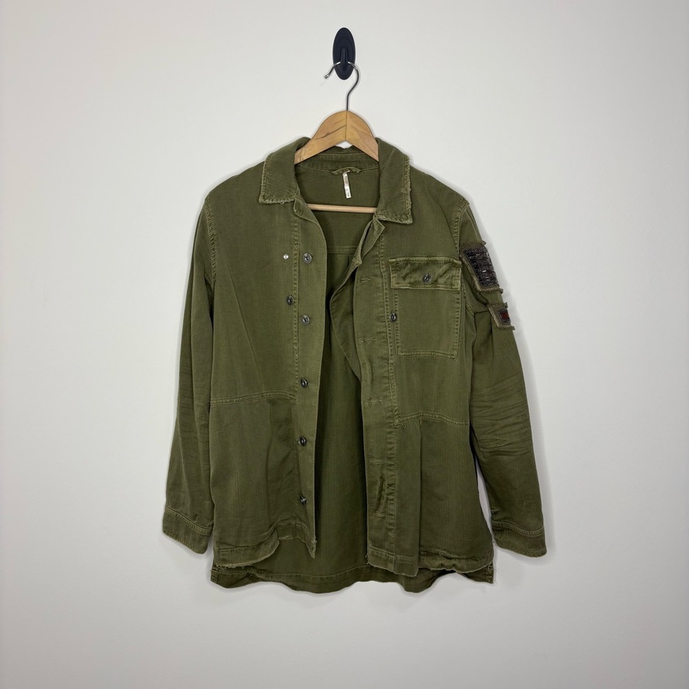 Free People Green Embellished Military Shirt Jacket Size Small - Picture 2 of 12